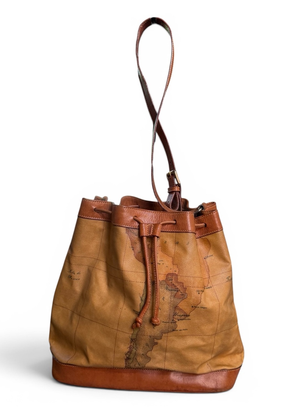 Alviero Martini Classic World Leather Drawstring Bucket Bag in Tan and Brown EUC